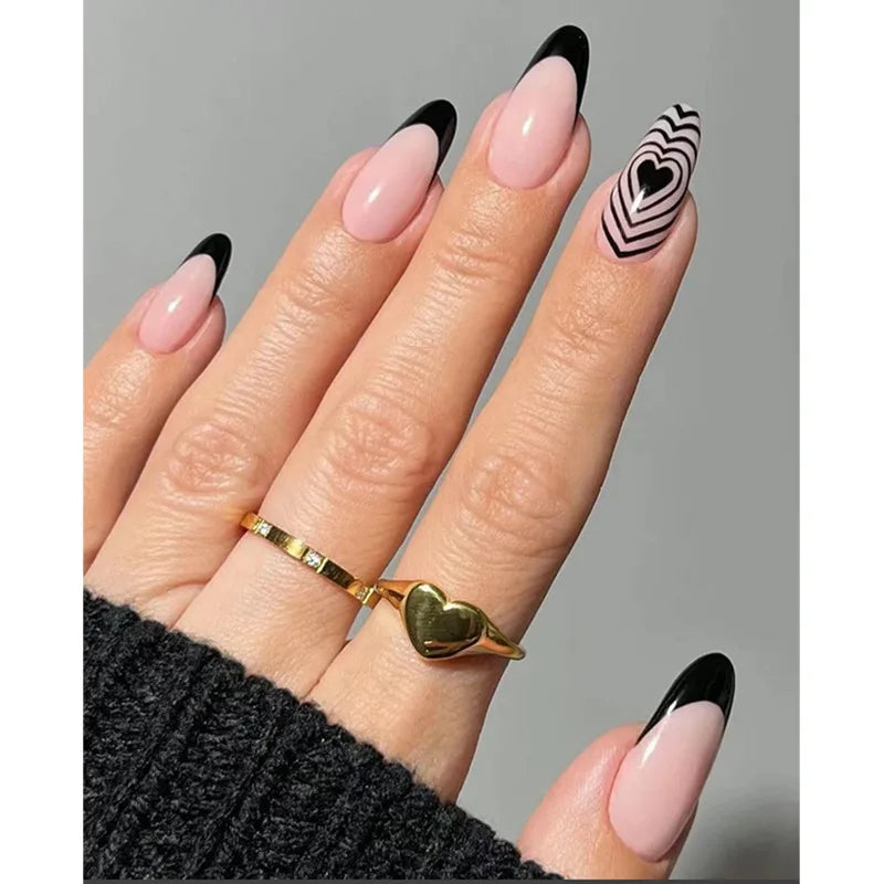 24Ps/Set Almond Slant Gold Line Lotus Pink Fake Nails Artificial Professional Material art False Nail Supplies For Professionals