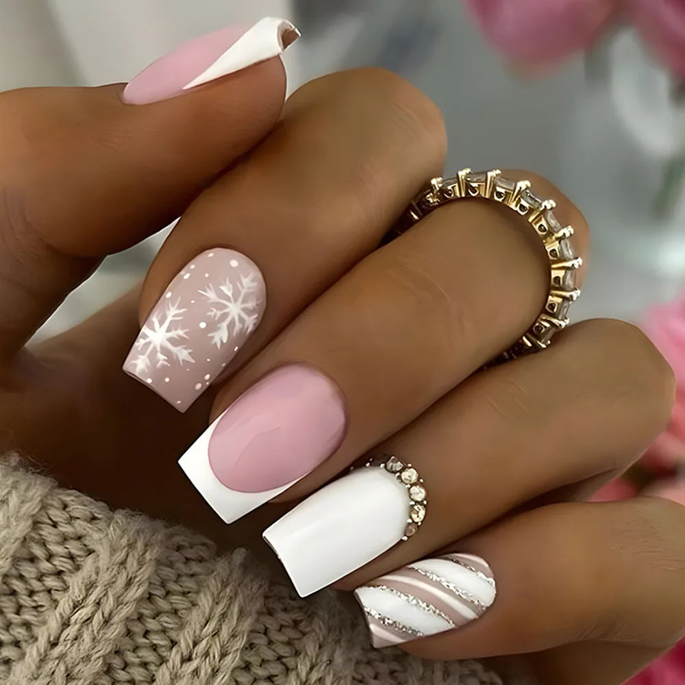 24Pcs Medium Long Acrylic Fake Nails Art Cool Spice Girls Wearing False Nails Set Press on Nail Tips Removable French Nails Fake