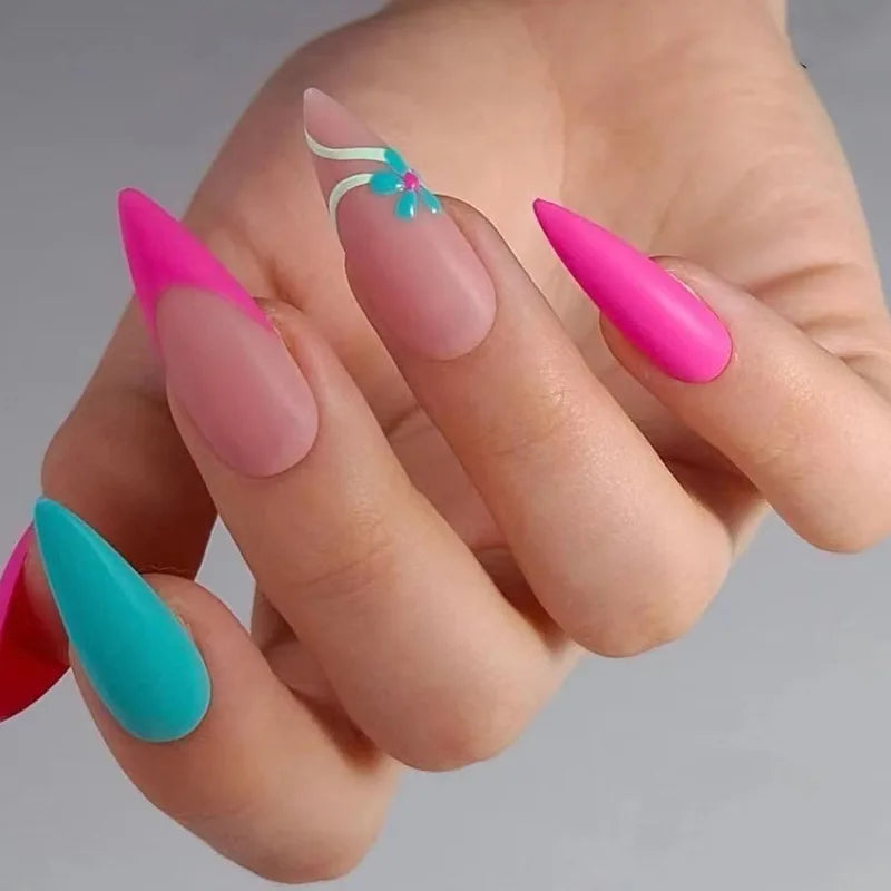24Ps/Set Almond Slant Gold Line Lotus Pink Fake Nails Artificial Professional Material art False Nail Supplies For Professionals