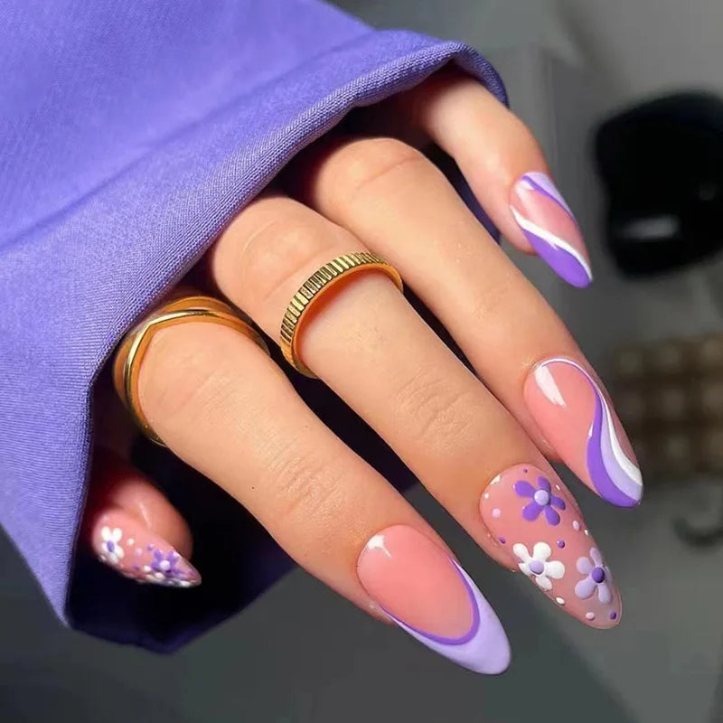 24Ps/Set Almond Slant Gold Line Lotus Pink Fake Nails Artificial Professional Material art False Nail Supplies For Professionals