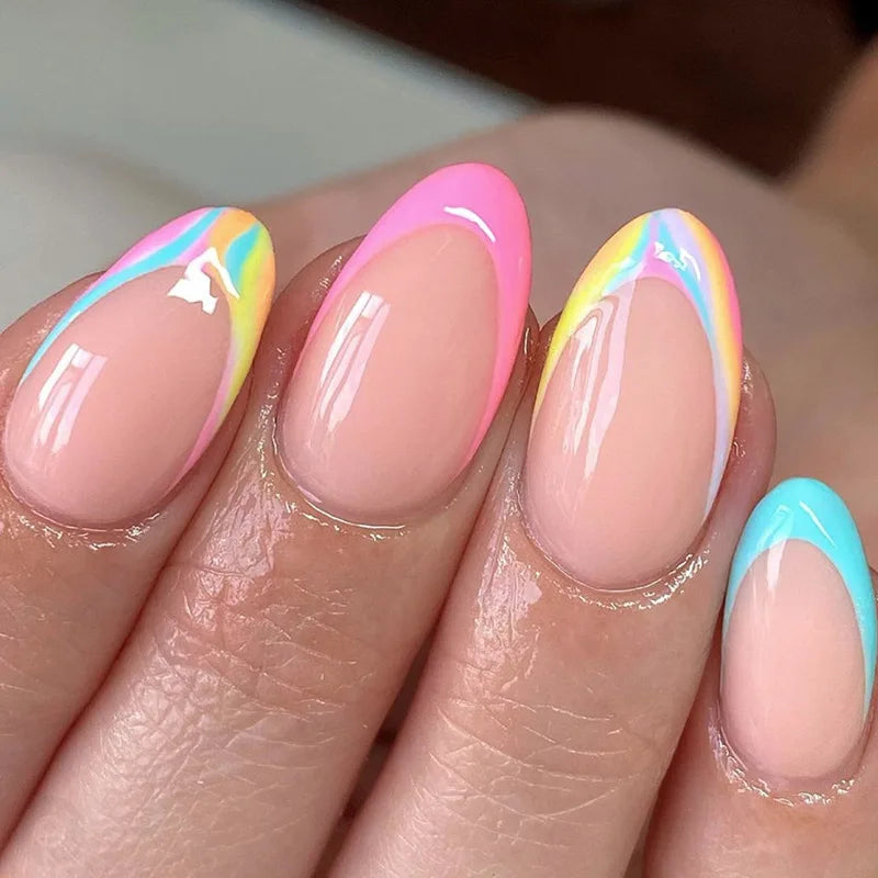 24pcs Almond Aurora French False Nails White Edge Design Fake Nails Art Full Coverage Waterproof Artificial Press on Nail