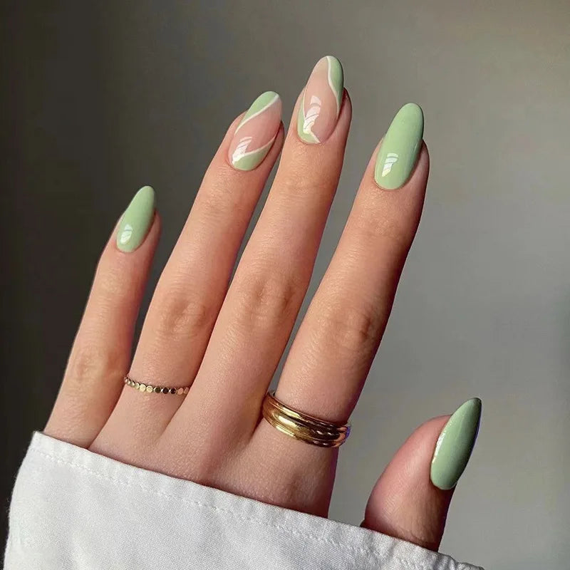 24pcs Almond Aurora French False Nails White Edge Design Fake Nails Art Full Coverage Waterproof Artificial Press on Nail