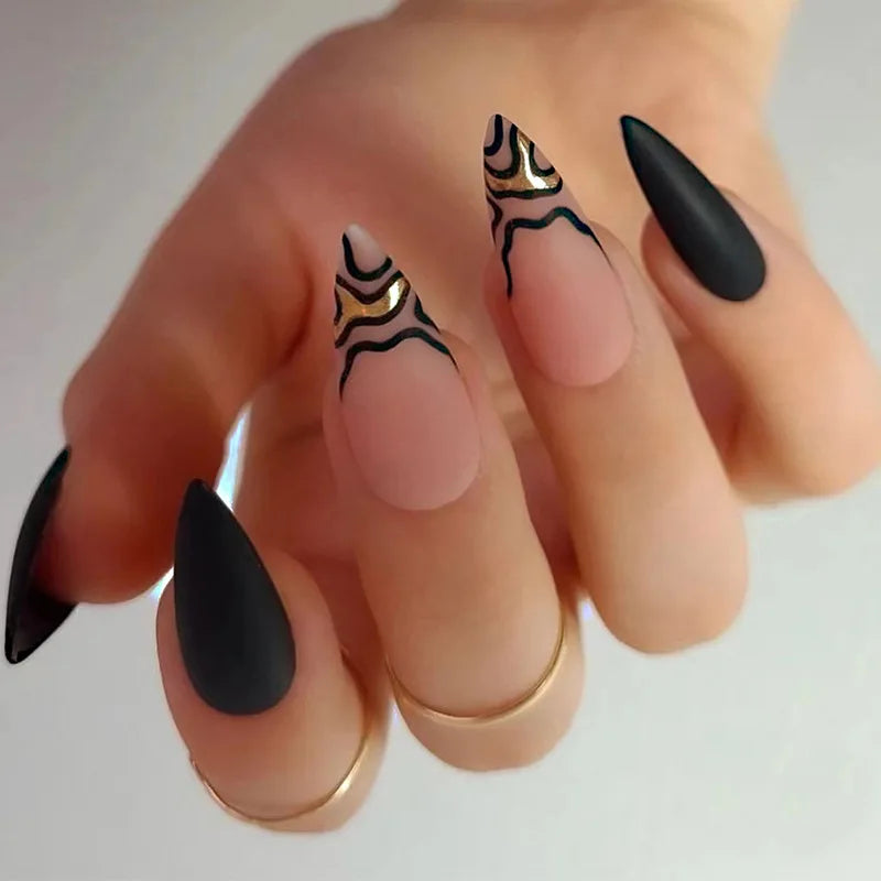 24Ps/Set Almond Slant Gold Line Lotus Pink Fake Nails Artificial Professional Material art False Nail Supplies For Professionals