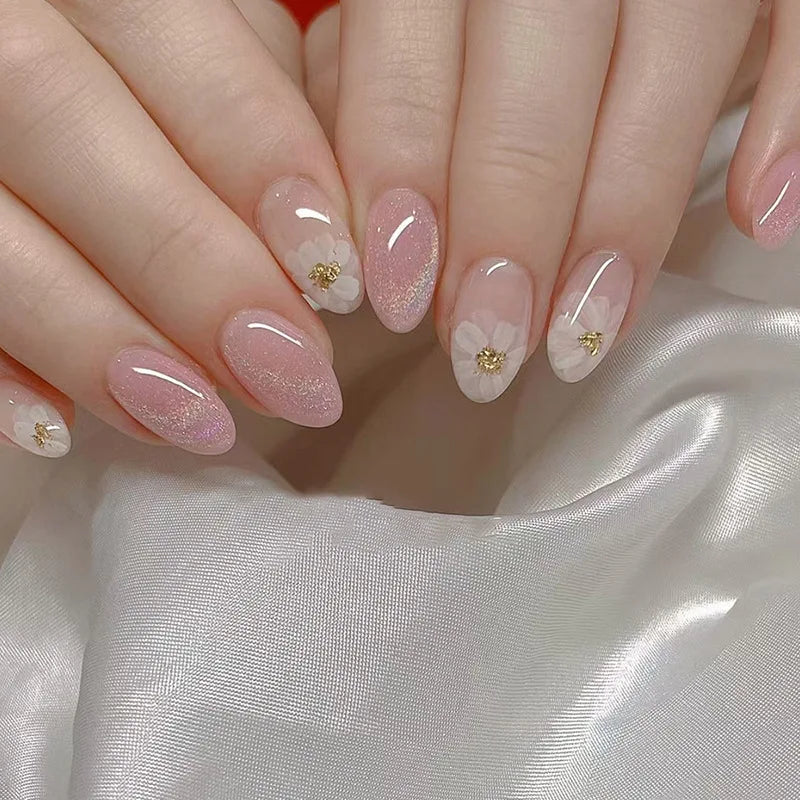 24Pcs Teardrop Cute Little Flower False Nail Art Full Cover Removable Artificial Fake Nails Coffin Ballerina Press-On Nails Art