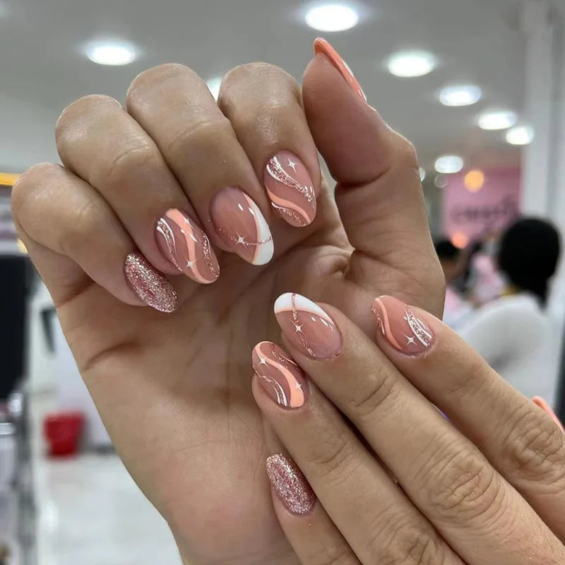 24pcs Almond Aurora French False Nails White Edge Design Fake Nails Art Full Coverage Waterproof Artificial Press on Nail