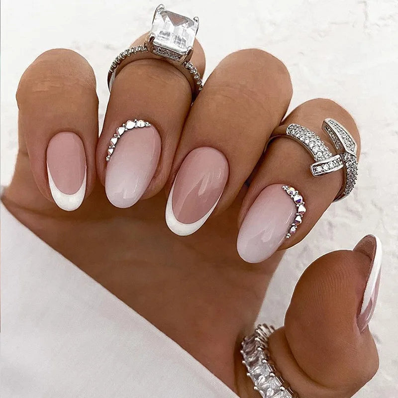 24pcs Almond Aurora French False Nails White Edge Design Fake Nails Art Full Coverage Waterproof Artificial Press on Nail