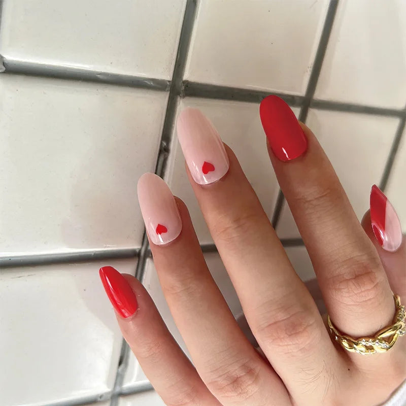 24Ps/Set Almond Slant Gold Line Lotus Pink Fake Nails Artificial Professional Material art False Nail Supplies For Professionals