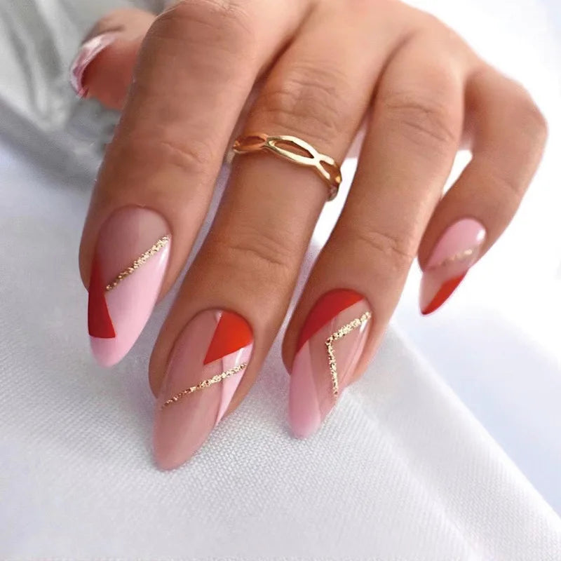 24Ps/Set Almond Slant Gold Line Lotus Pink Fake Nails Artificial Professional Material art False Nail Supplies For Professionals