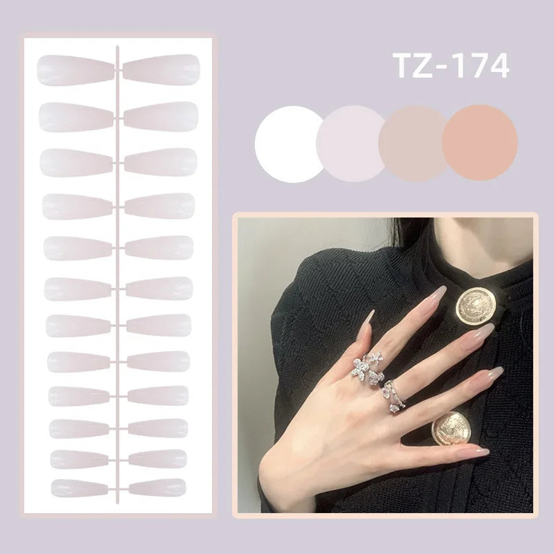 24Ps/Set Almond Slant Gold Line Lotus Pink Fake Nails Artificial Professional Material art False Nail Supplies For Professionals