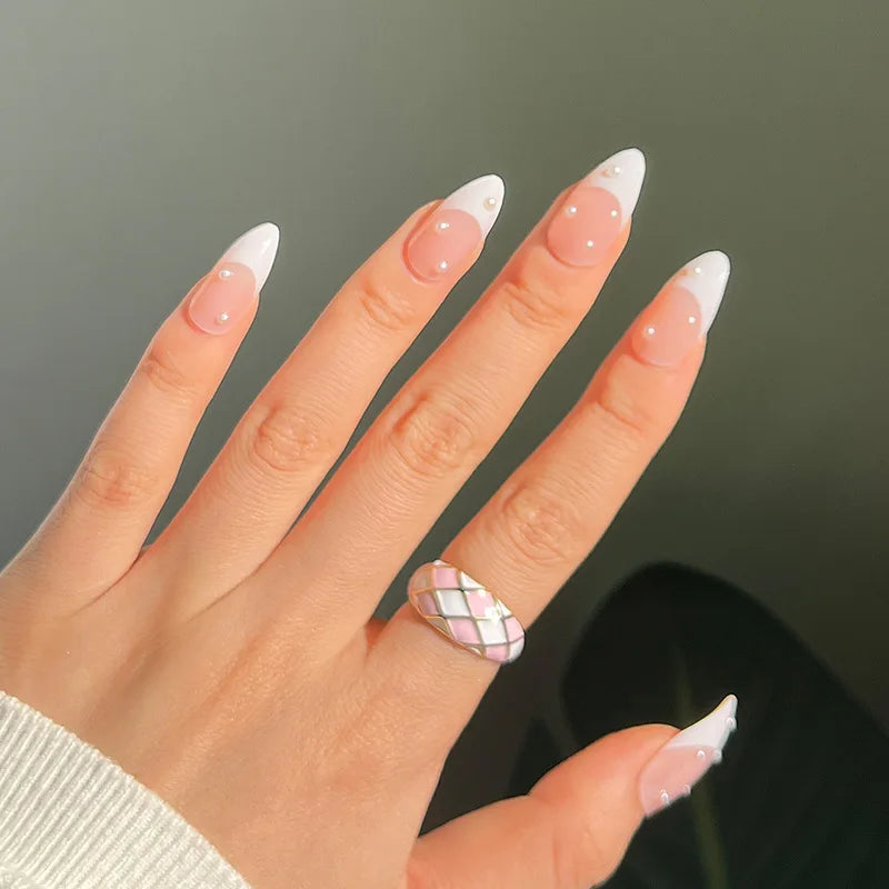 24pcs Almond Aurora French False Nails White Edge Design Fake Nails Art Full Coverage Waterproof Artificial Press on Nail