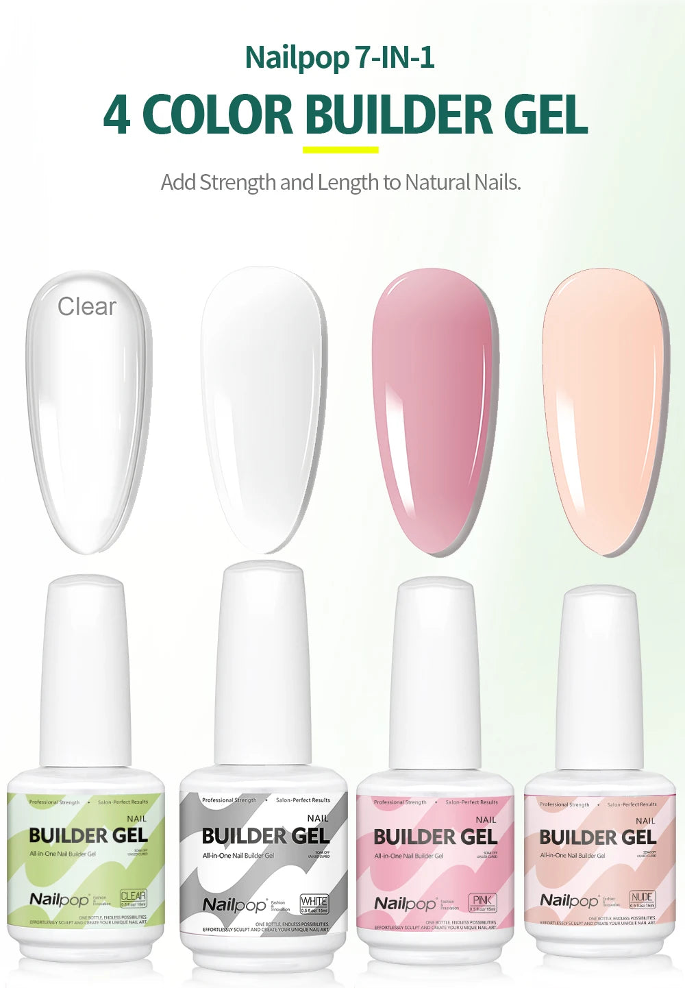 Nailpop Builder Nail Gel 4 Colors Base Coat Strengthener Thickening Extension Rhinestone Glue Gel Polish Brush in Bottle 15ml