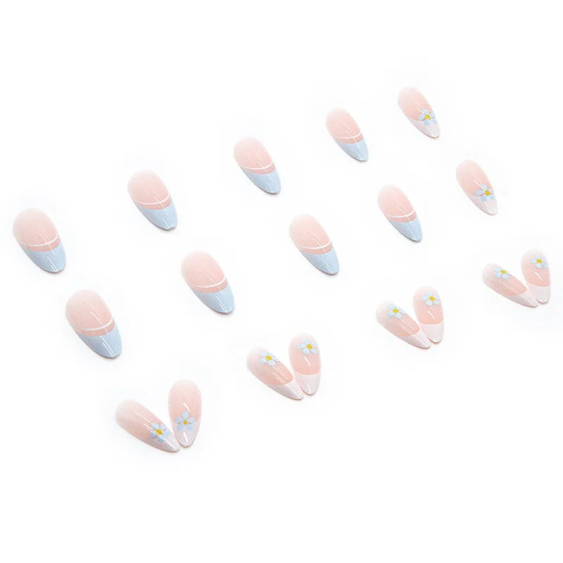 24Pcs Teardrop Cute Little Flower False Nail Art Full Cover Removable Artificial Fake Nails Coffin Ballerina Press-On Nails Art