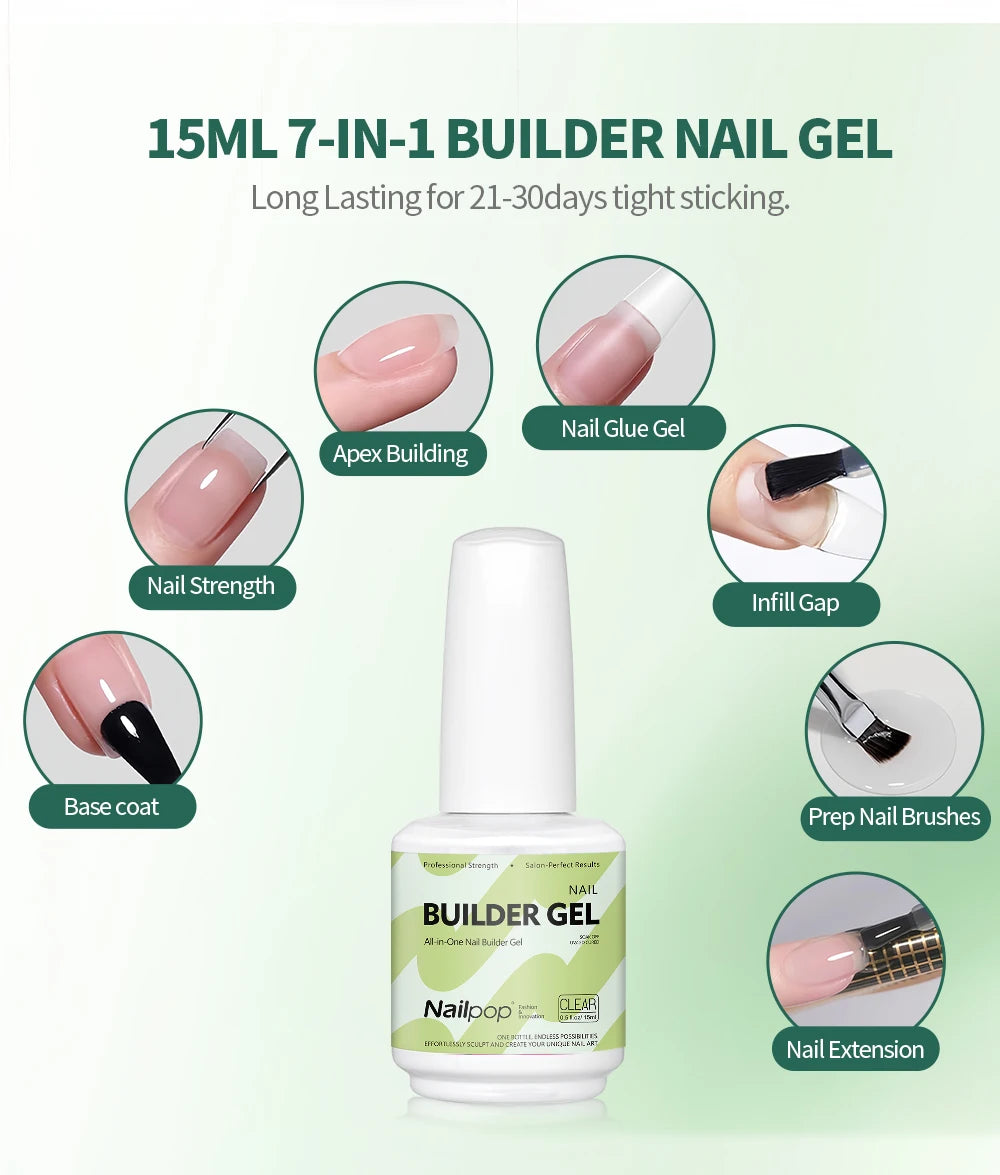 Nailpop Builder Nail Gel 4 Colors Base Coat Strengthener Thickening Extension Rhinestone Glue Gel Polish Brush in Bottle 15ml