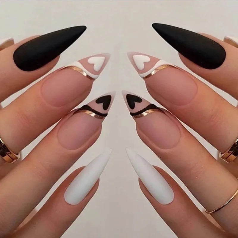 24Ps/Set Almond Slant Gold Line Lotus Pink Fake Nails Artificial Professional Material art False Nail Supplies For Professionals