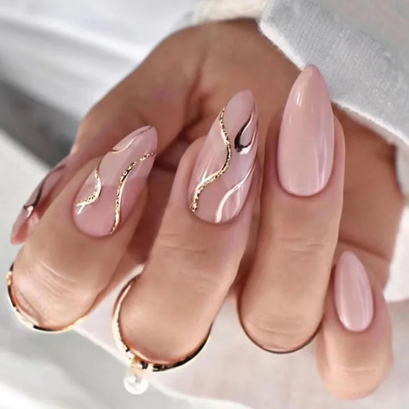 24Ps/Set Almond Slant Gold Line Lotus Pink Fake Nails Artificial Professional Material art False Nail Supplies For Professionals