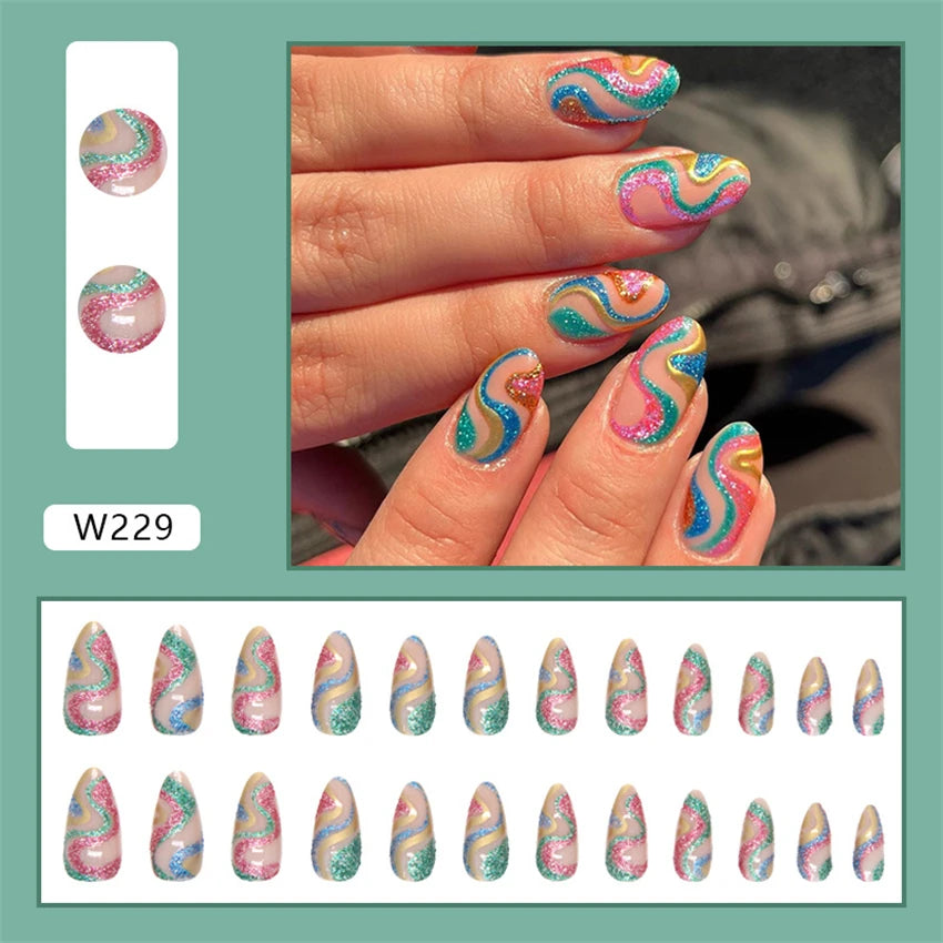 24Pcs/Set Acrylic Long Ballet Press on Nail Tips Coffin Wearing Reusable False Nails Art Colorful Glossy Fake Nails Artificial
