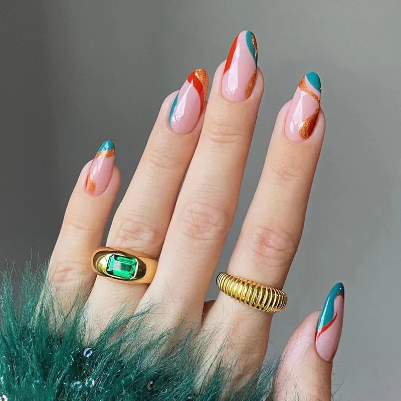 24pcs Almond Aurora French False Nails White Edge Design Fake Nails Art Full Coverage Waterproof Artificial Press on Nail