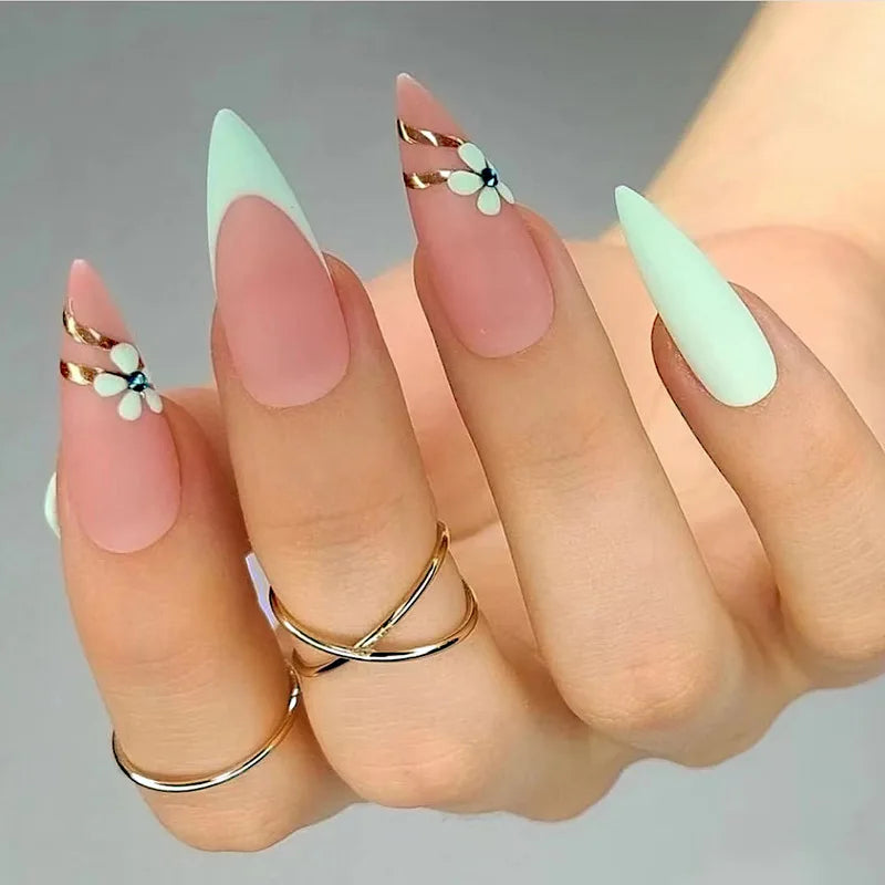 24Ps/Set Almond Slant Gold Line Lotus Pink Fake Nails Artificial Professional Material art False Nail Supplies For Professionals
