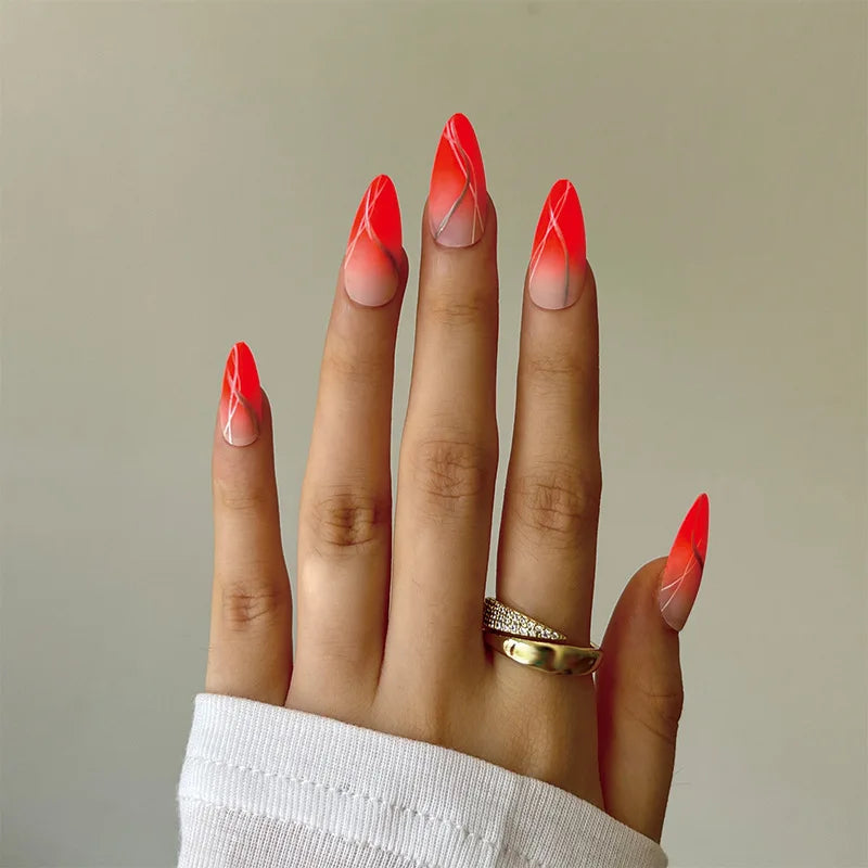 24Ps/Set Almond Slant Gold Line Lotus Pink Fake Nails Artificial Professional Material art False Nail Supplies For Professionals