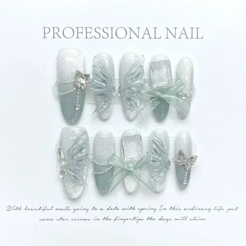 10Pcs Long Ballet Handmade Green Press On Nails Coffin False Nails Flower Full Cover Decoration Artificial Wearable Nails Tips