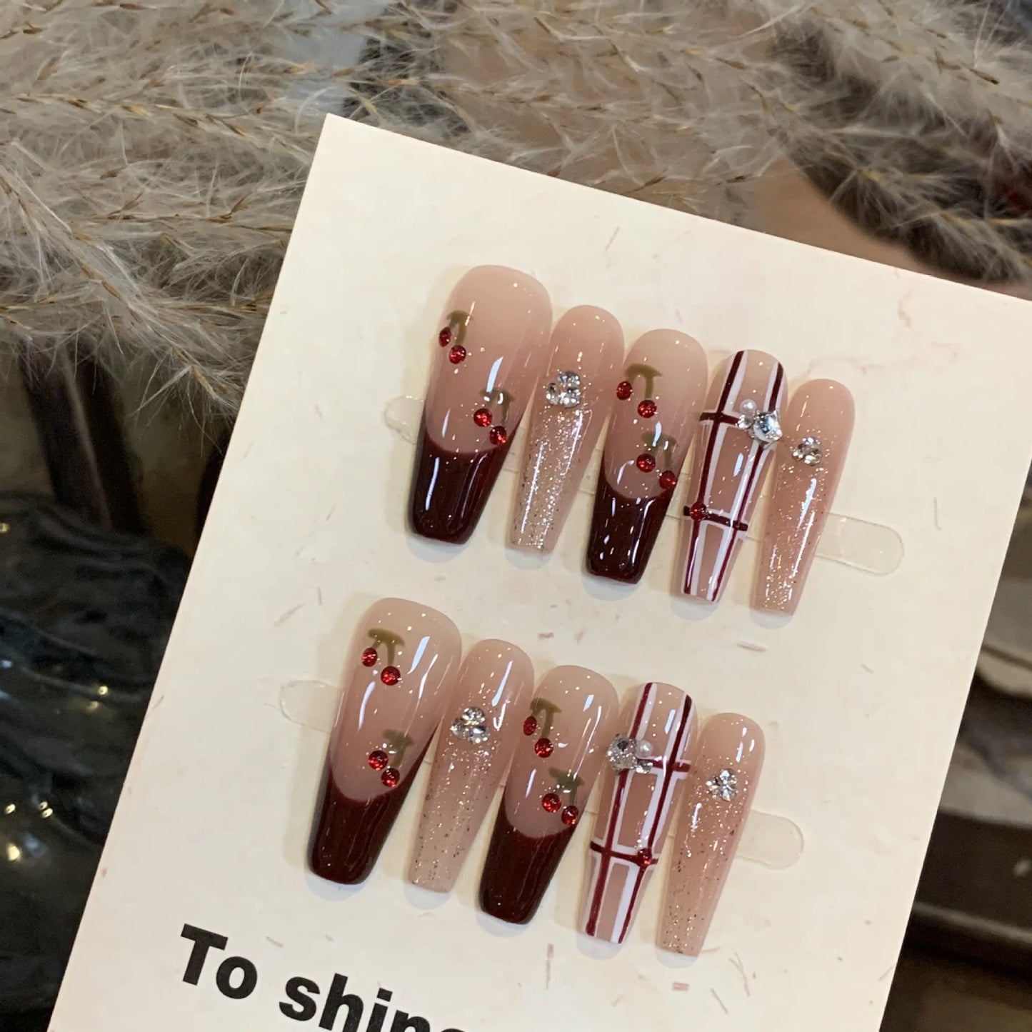 10Pcs Long Ballet Handmade Green Press On Nails Coffin False Nails Flower Full Cover Decoration Artificial Wearable Nails Tips