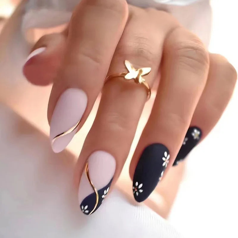 24Pcs Teardrop Cute Little Flower False Nail Art Full Cover Removable Artificial Fake Nails Coffin Ballerina Press-On Nails Art