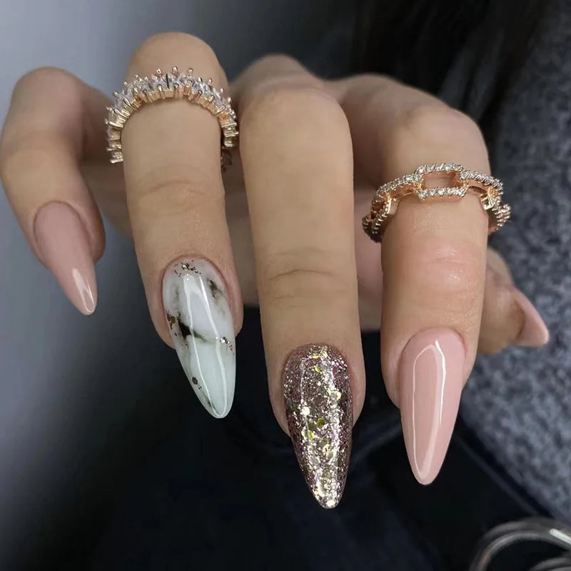 24Ps/Set Almond Slant Gold Line Lotus Pink Fake Nails Artificial Professional Material art False Nail Supplies For Professionals
