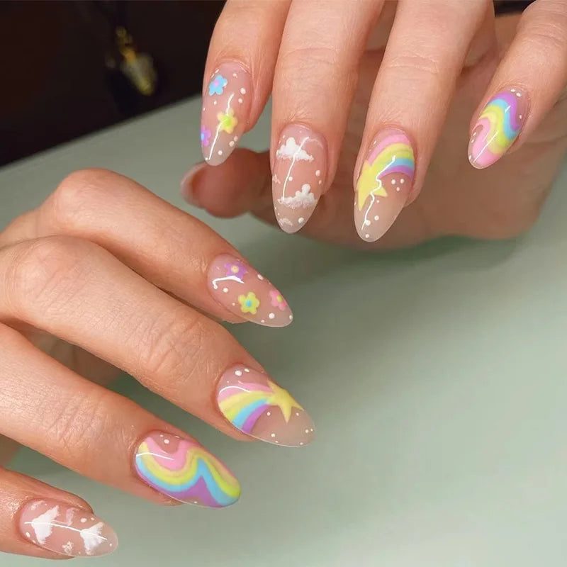 24pcs Almond Aurora French False Nails White Edge Design Fake Nails Art Full Coverage Waterproof Artificial Press on Nail