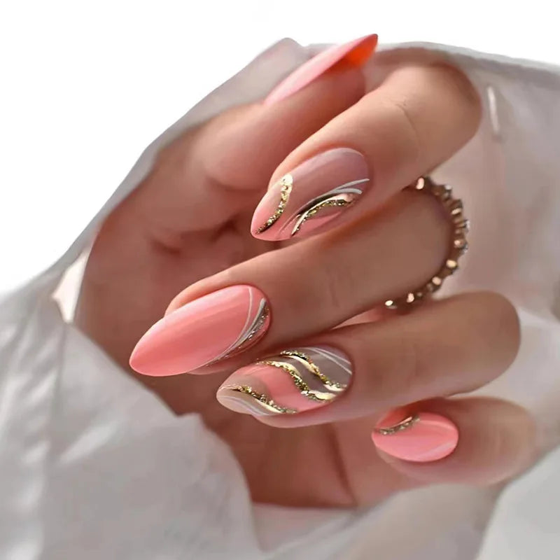24Ps/Set Almond Slant Gold Line Lotus Pink Fake Nails Artificial Professional Material art False Nail Supplies For Professionals