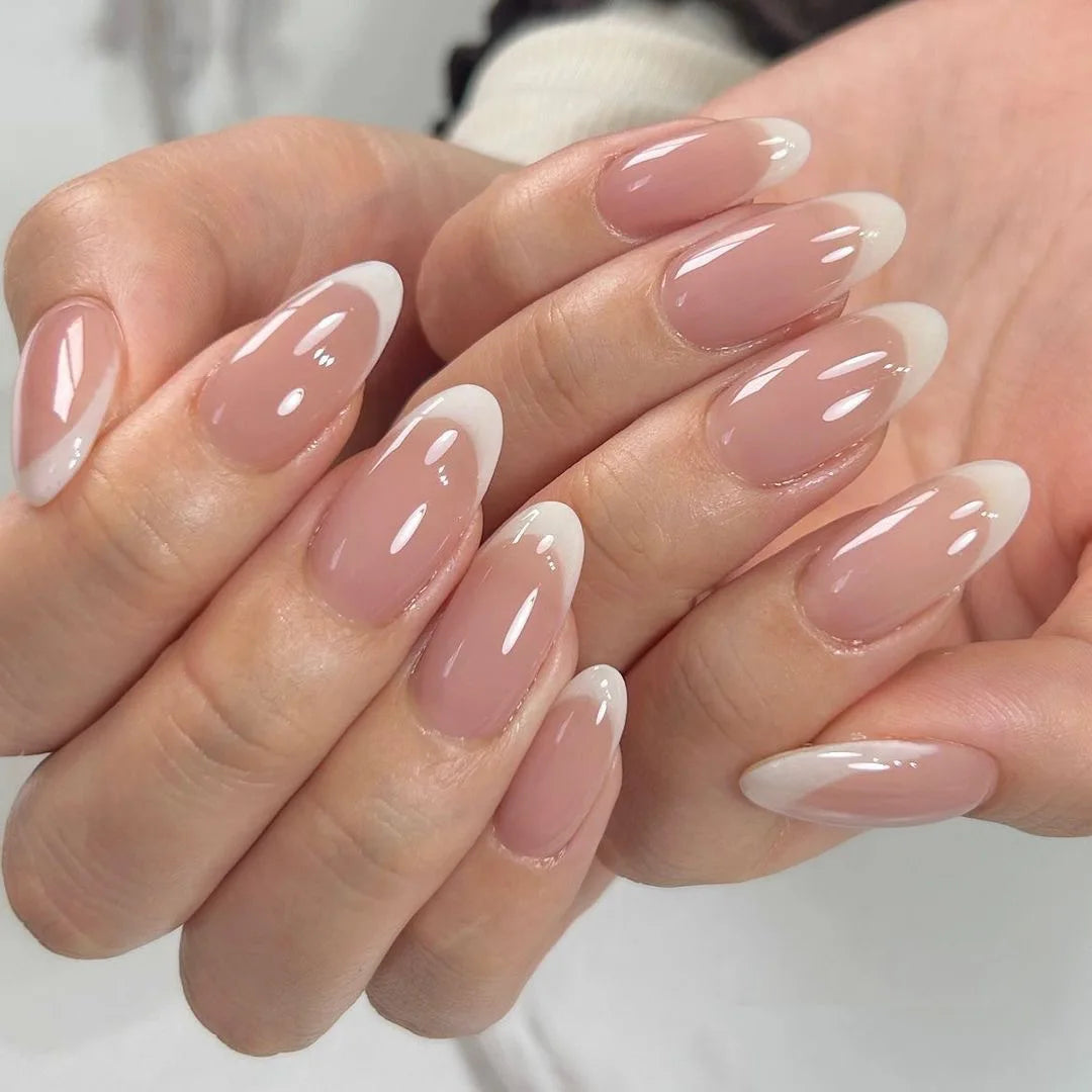 24pcs Almond Aurora French False Nails White Edge Design Fake Nails Art Full Coverage Waterproof Artificial Press on Nail