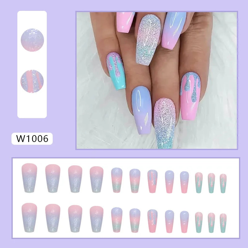 24Pcs/Set Acrylic Long Ballet Press on Nail Tips Coffin Wearing Reusable False Nails Art Colorful Glossy Fake Nails Artificial