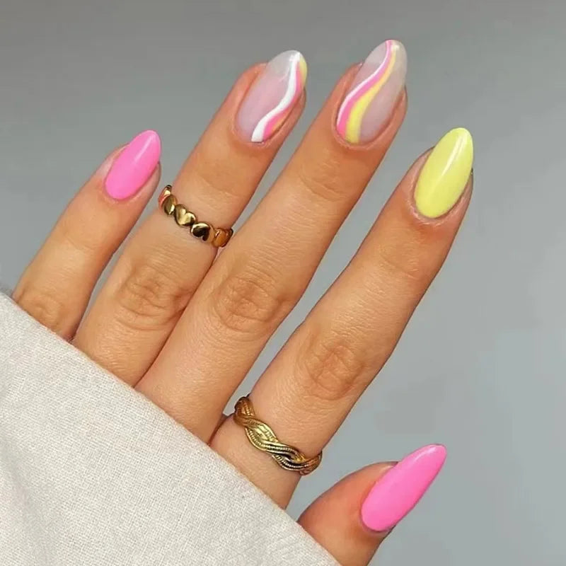 24pcs Almond Aurora French False Nails White Edge Design Fake Nails Art Full Coverage Waterproof Artificial Press on Nail