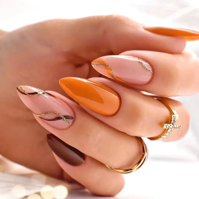 24Ps/Set Almond Slant Gold Line Lotus Pink Fake Nails Artificial Professional Material art False Nail Supplies For Professionals