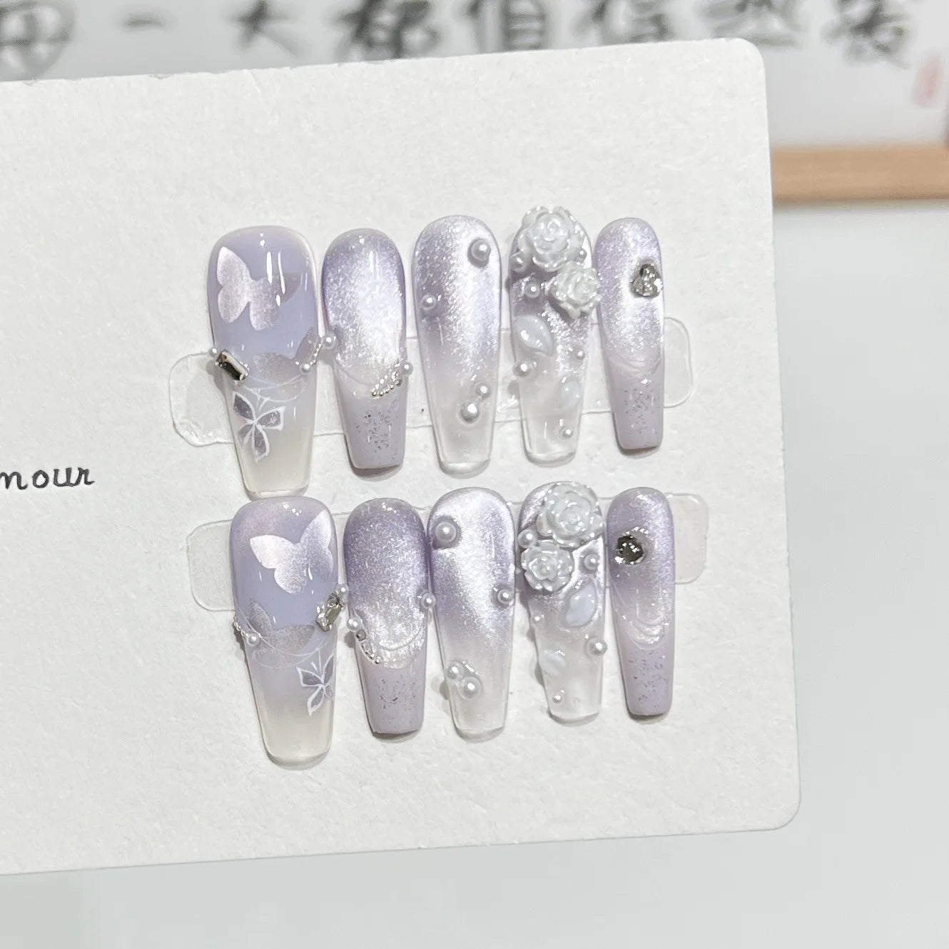 10Pcs Long Ballet Handmade Green Press On Nails Coffin False Nails Flower Full Cover Decoration Artificial Wearable Nails Tips