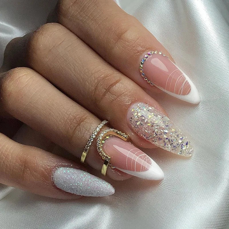 24pcs Almond Aurora French False Nails White Edge Design Fake Nails Art Full Coverage Waterproof Artificial Press on Nail