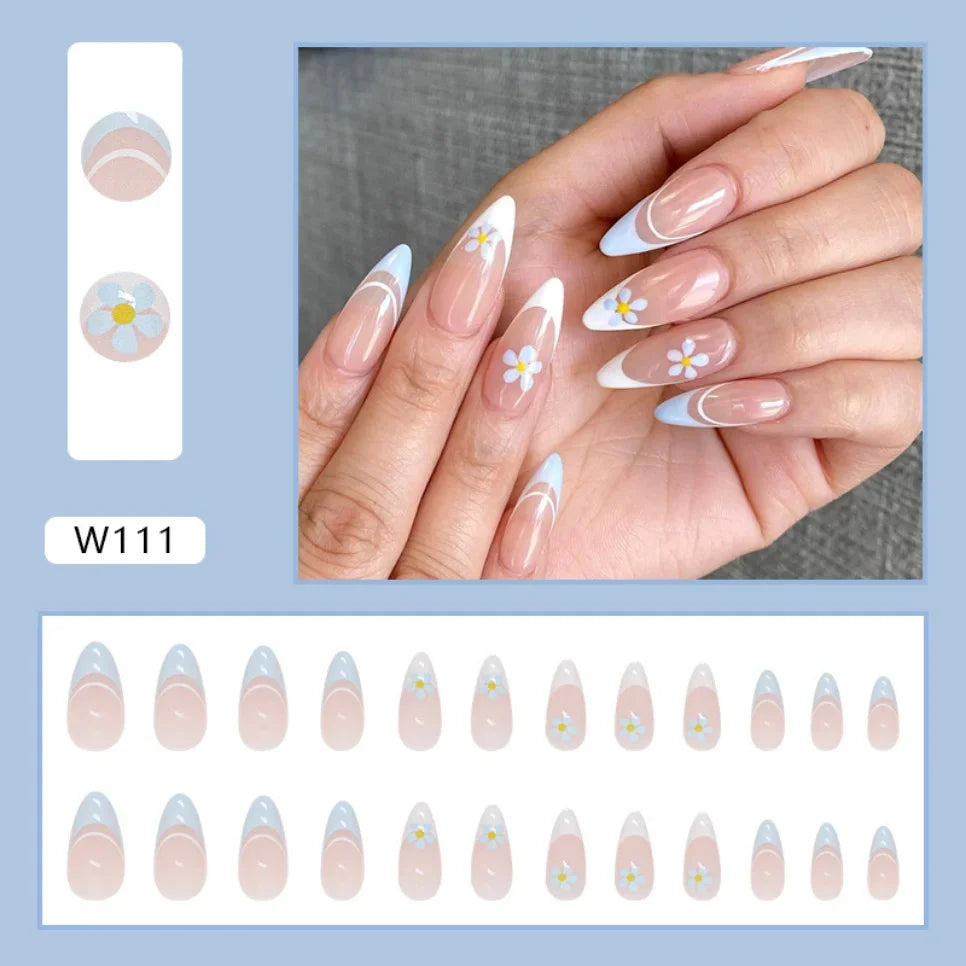 24Pcs Teardrop Cute Little Flower False Nail Art Full Cover Removable Artificial Fake Nails Coffin Ballerina Press-On Nails Art