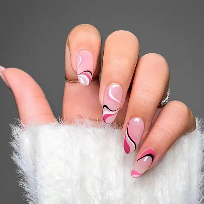 24Ps/Set Almond Slant Gold Line Lotus Pink Fake Nails Artificial Professional Material art False Nail Supplies For Professionals