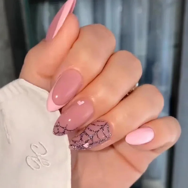 24pcs Almond Aurora French False Nails White Edge Design Fake Nails Art Full Coverage Waterproof Artificial Press on Nail