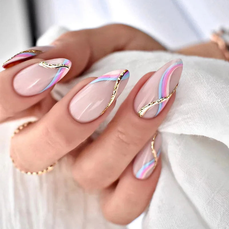 24Ps/Set Almond Slant Gold Line Lotus Pink Fake Nails Artificial Professional Material art False Nail Supplies For Professionals
