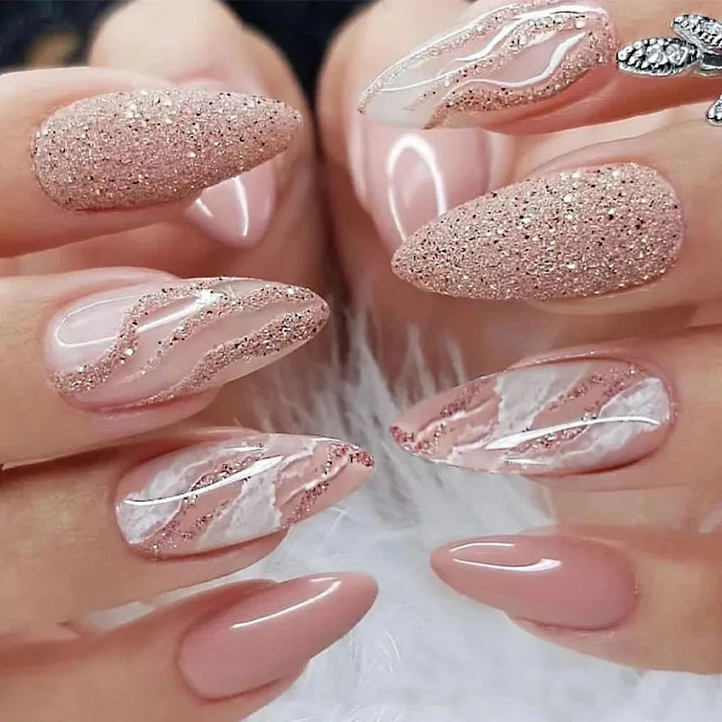 24Ps/Set Almond Slant Gold Line Lotus Pink Fake Nails Artificial Professional Material art False Nail Supplies For Professionals