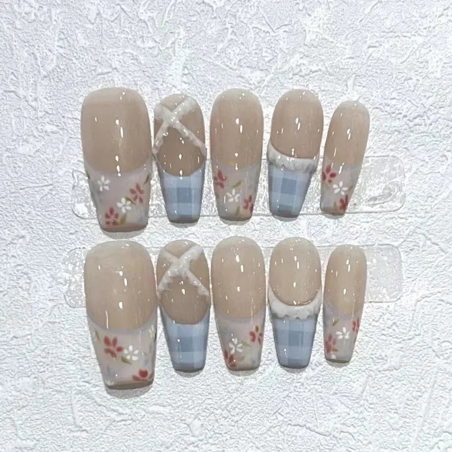 10Pcs Blue Handmade Press On Nails Set Ballet Wearable Artificial False Nails Decoration Nail Art Manicure Fake Nails Tips Art