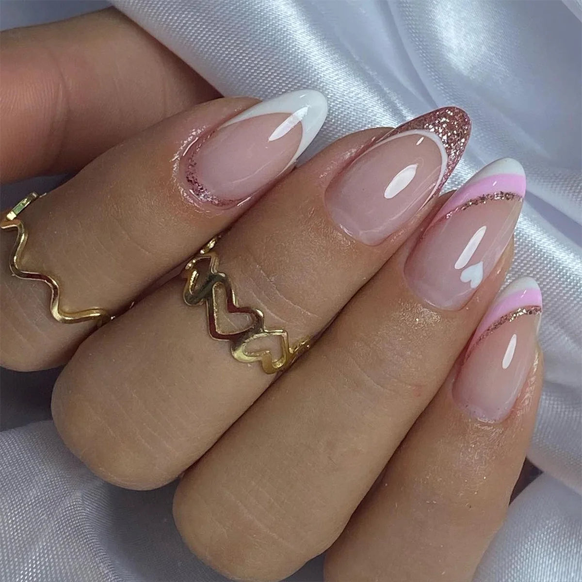 24pcs Almond Aurora French False Nails White Edge Design Fake Nails Art Full Coverage Waterproof Artificial Press on Nail