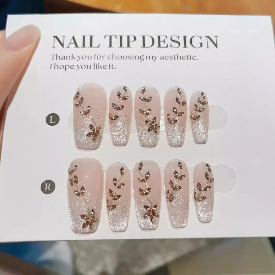 10Pcs Long Ballet Handmade Green Press On Nails Coffin False Nails Flower Full Cover Decoration Artificial Wearable Nails Tips