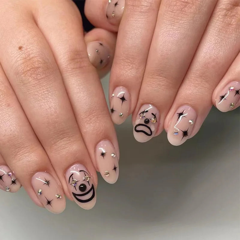 24Ps/Set Almond Slant Gold Line Lotus Pink Fake Nails Artificial Professional Material art False Nail Supplies For Professionals