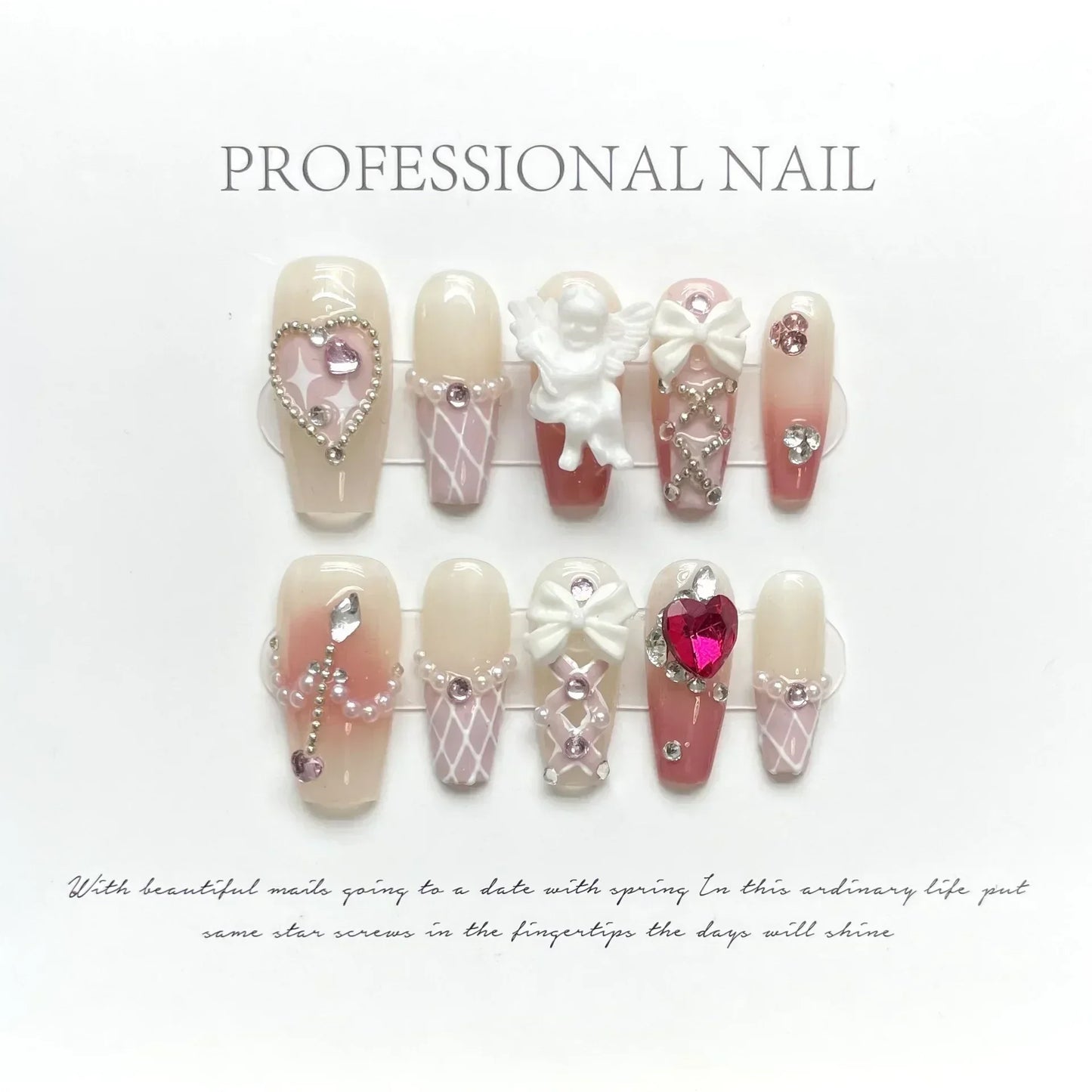 10Pcs Long Ballet Handmade Green Press On Nails Coffin False Nails Flower Full Cover Decoration Artificial Wearable Nails Tips