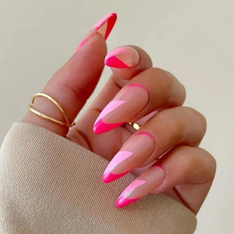24Ps/Set Almond Slant Gold Line Lotus Pink Fake Nails Artificial Professional Material art False Nail Supplies For Professionals