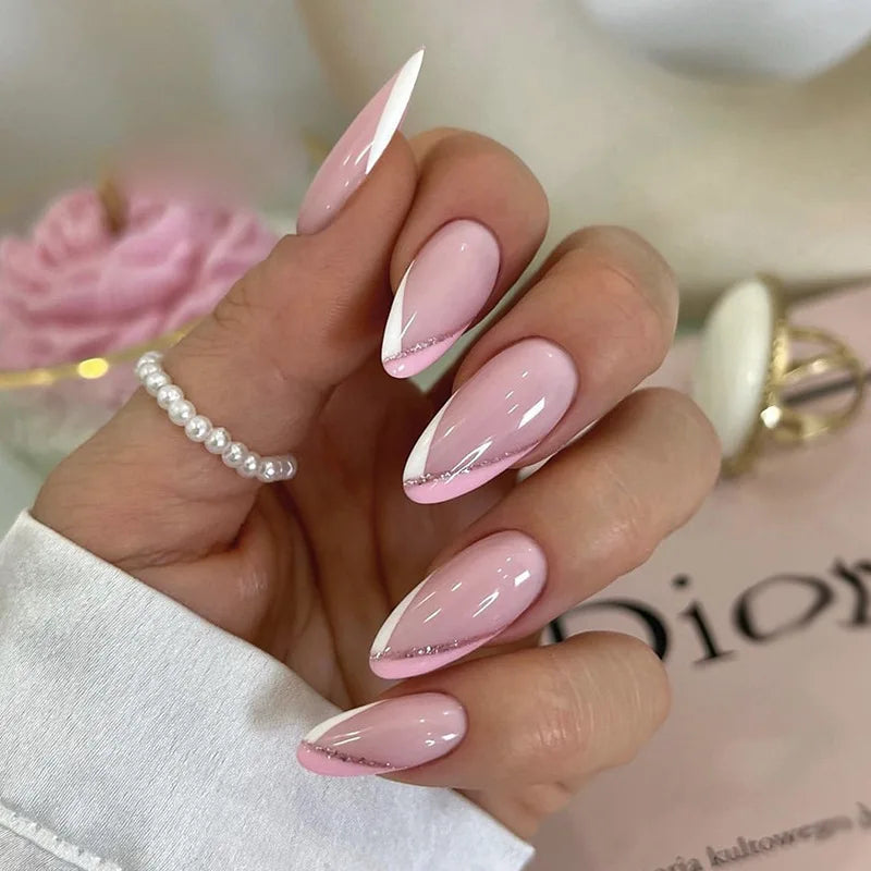 24pcs Almond Aurora French False Nails White Edge Design Fake Nails Art Full Coverage Waterproof Artificial Press on Nail