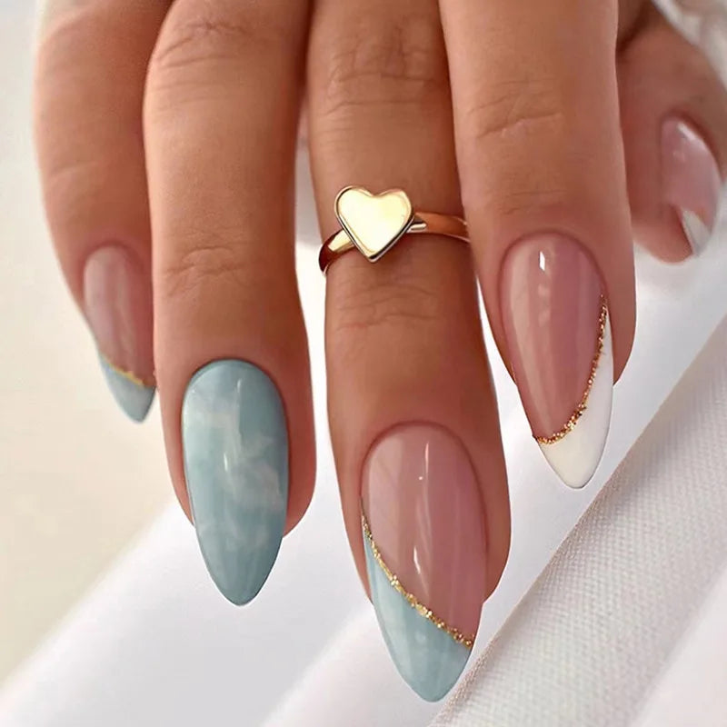 24Ps/Set Almond Slant Gold Line Lotus Pink Fake Nails Artificial Professional Material art False Nail Supplies For Professionals