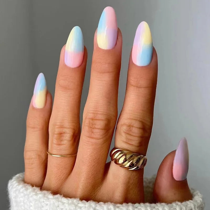 24pcs Almond Aurora French False Nails White Edge Design Fake Nails Art Full Coverage Waterproof Artificial Press on Nail