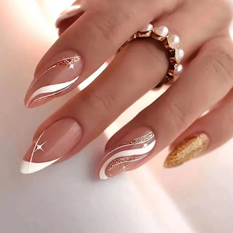 24Ps/Set Almond Slant Gold Line Lotus Pink Fake Nails Artificial Professional Material art False Nail Supplies For Professionals